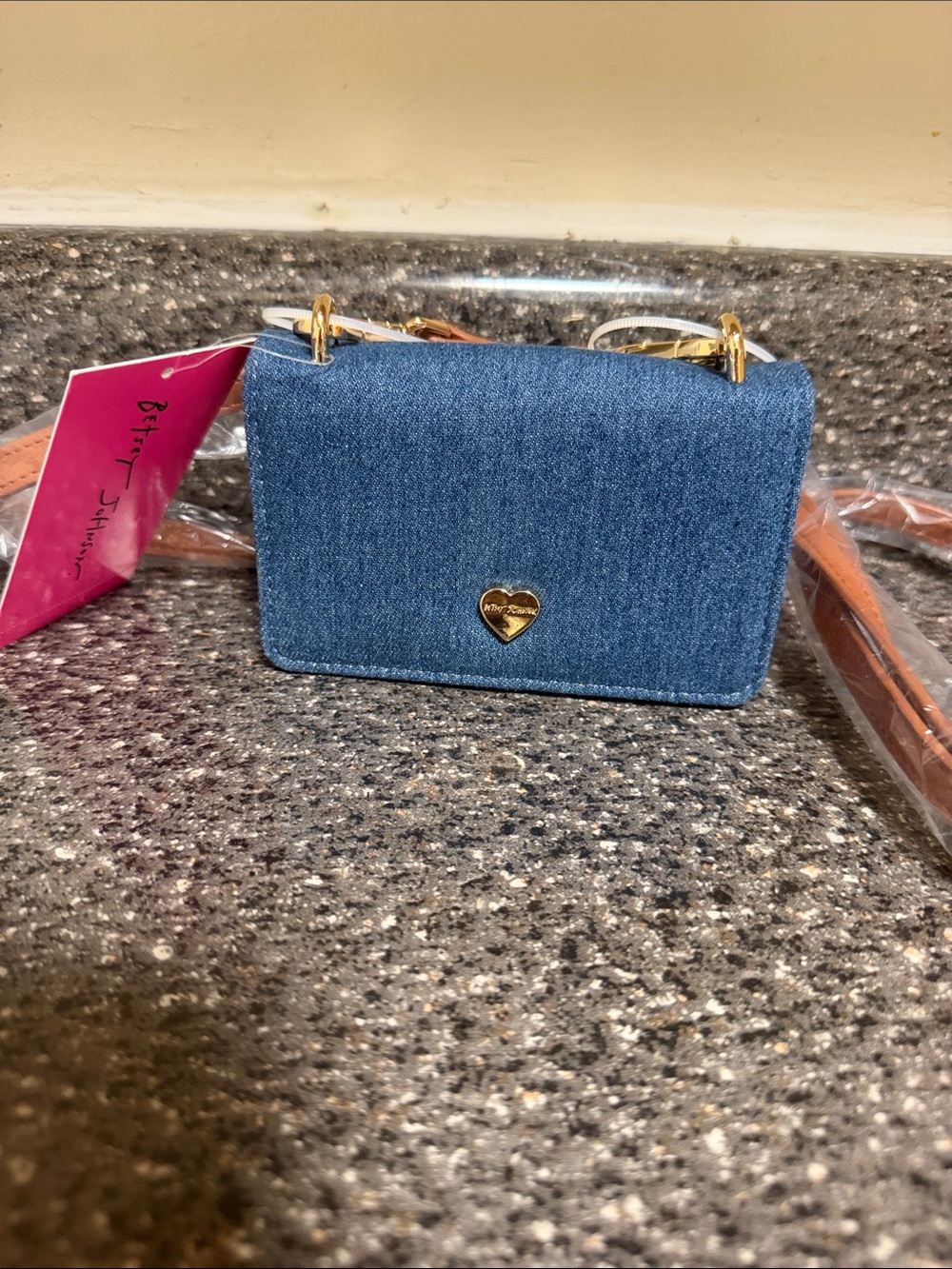 Betsey Johnson Denim Mini Crossbody with Gold Heart Accent - Blue
